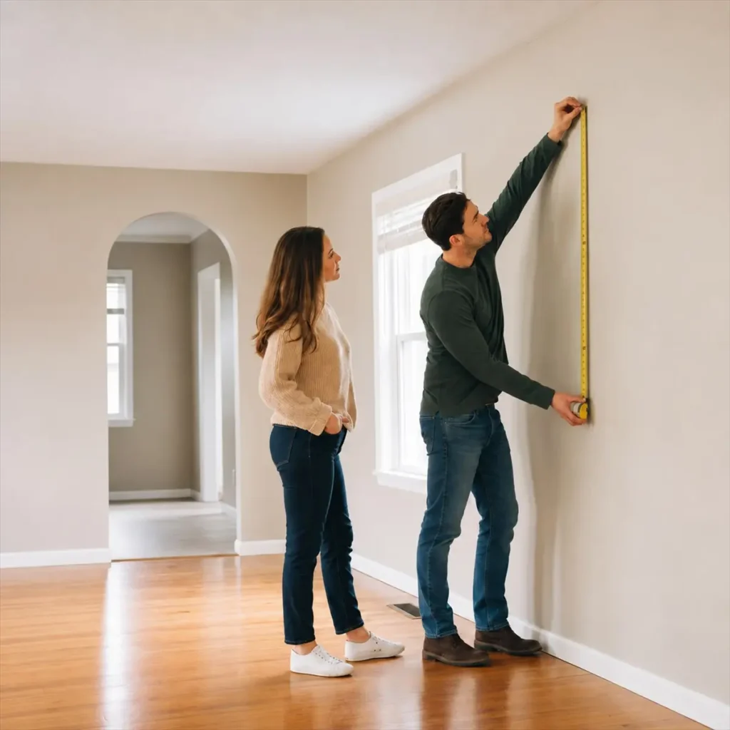 Two adults measuring a wall in an empty living room