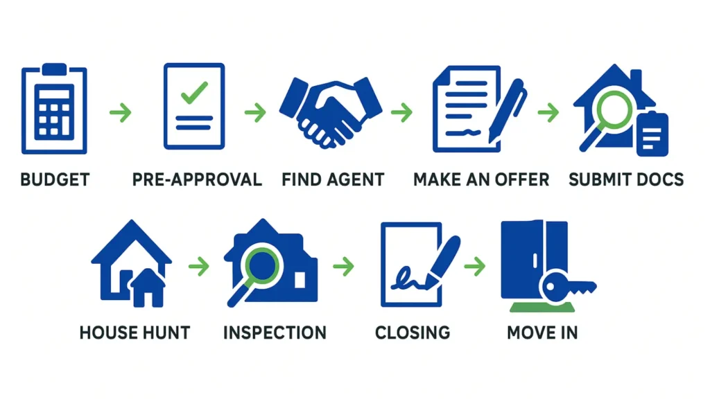 homebuying steps ohio infographic Infographic showing 9 steps to buying a home in Ohio: budget, pre-approval, find agent, make offer, submit docs, house hunt, inspection, closing, move in