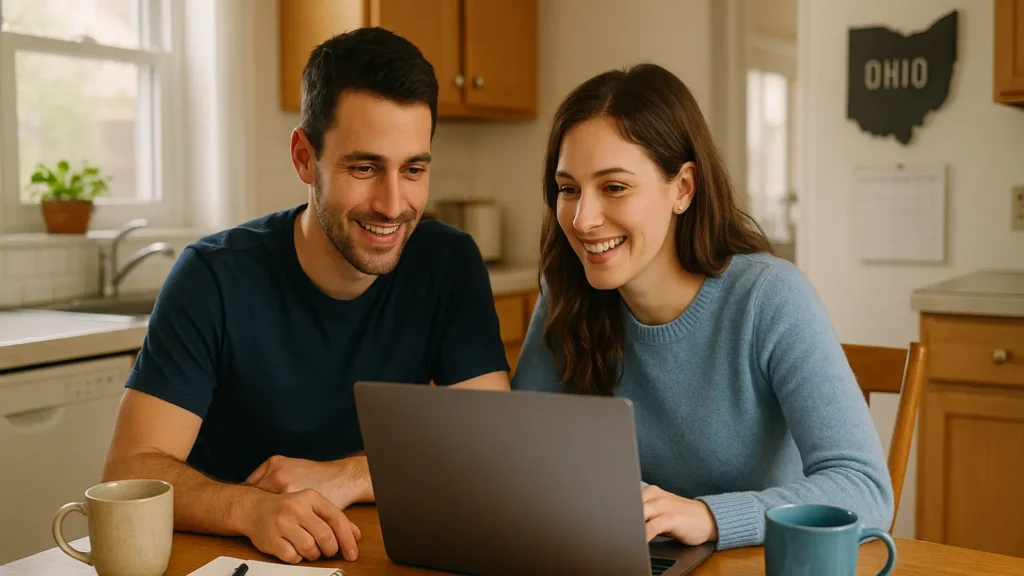 ohio homebuyers in kitchen Ohio couple researching homes online in their kitchen, planning to buy a house