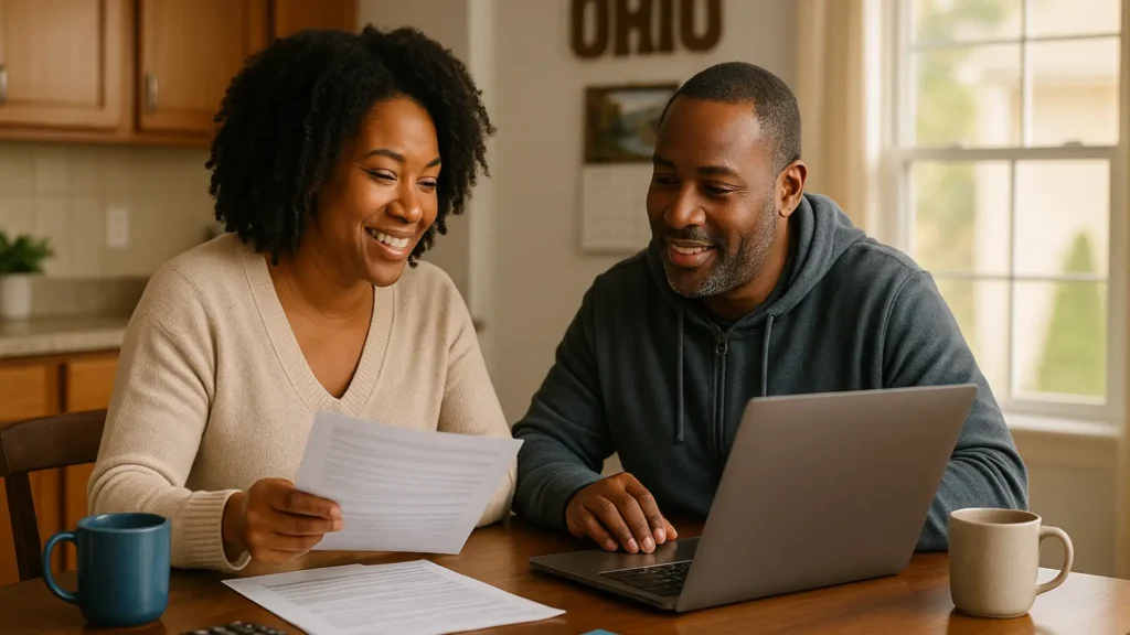 ohio mortgage refinance couple Couple reviewing mortgage refinance options at their kitchen table in Ohio