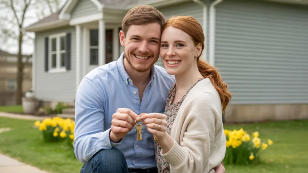 conventional loan ohio homebuyers Ohio couple holding house keys in front of their new home they bought with a conventional loan