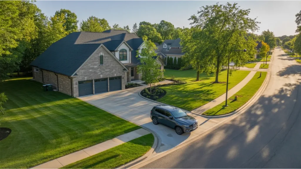 jumbo loans ohio modern neighborhood aerial Aerial view of a modern Ohio neighborhood with upscale homes, wide streets, and manicured lawns, representing high-value real estate suitable for jumbo loans.