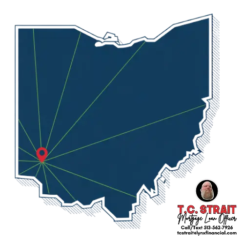 ohio-mortgage-service-areas-tc-strait Ohio mortgage service area map with T.C. Strait contact info