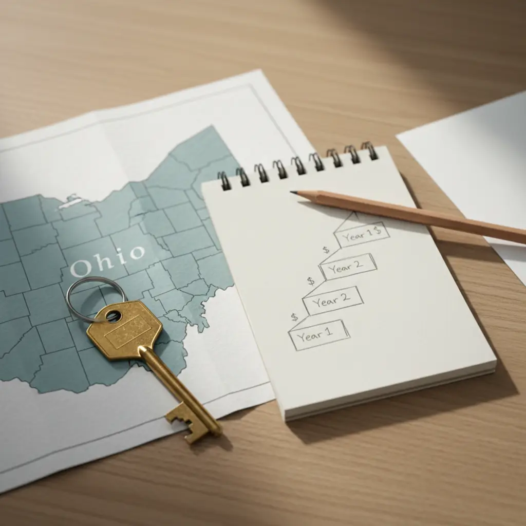 House key on an Ohio county map beside a notepad showing a three-step payment ladder
