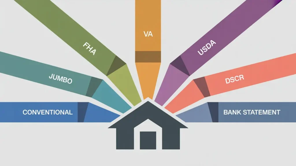 Mortgage loan programs available in Ohio including Conventional, FHA, VA, USDA, Jumbo, DSCR, and Bank Statement loans