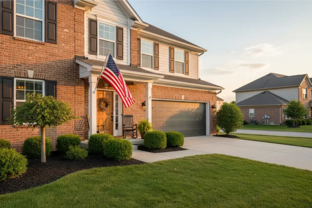 ohio-va-irrrl-suburban-home-mason Suburban home in Mason, Ohio with American flag—representing Ohio VA IRRRL eligibility.