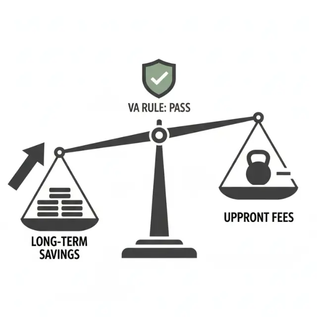 va-irrrl-fee-recoupment-protection-scale Graphic of a balance scale illustrating VA IRRRL savings outweighing costs, showing compliance with the 36-month recoupment rule.