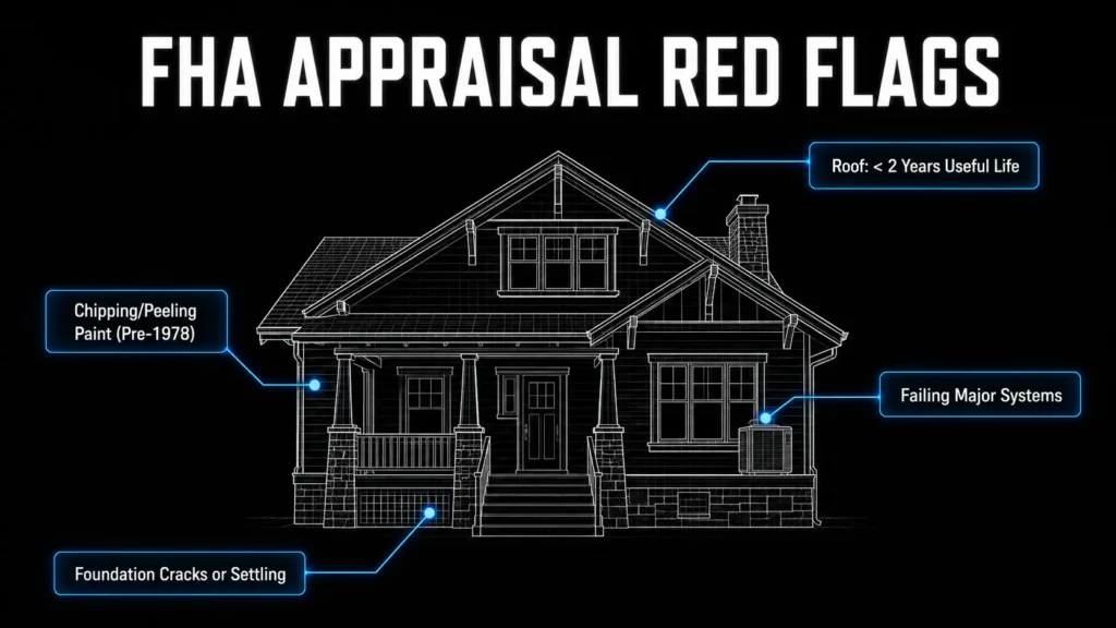 ohio-fha-appraisal-red-flags-craftsman Blueprint infographic showing common FHA appraisal red flags on older Ohio homes, including peeling paint, roof life, and foundation issues.