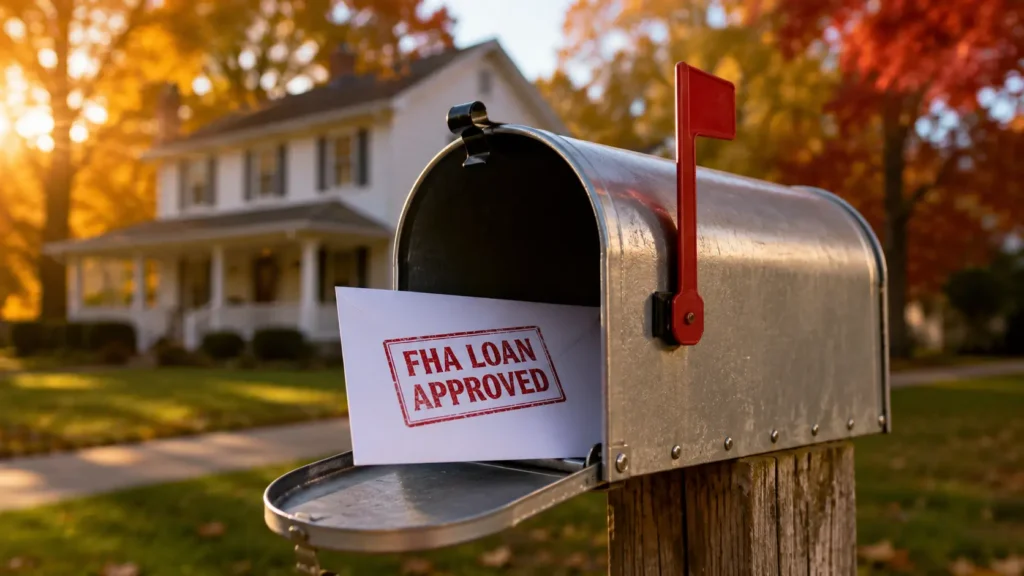 ohio-fha-loan-approved-suburban-home-mailbox FHA loan approval letter in a residential mailbox in front of a suburban Ohio home