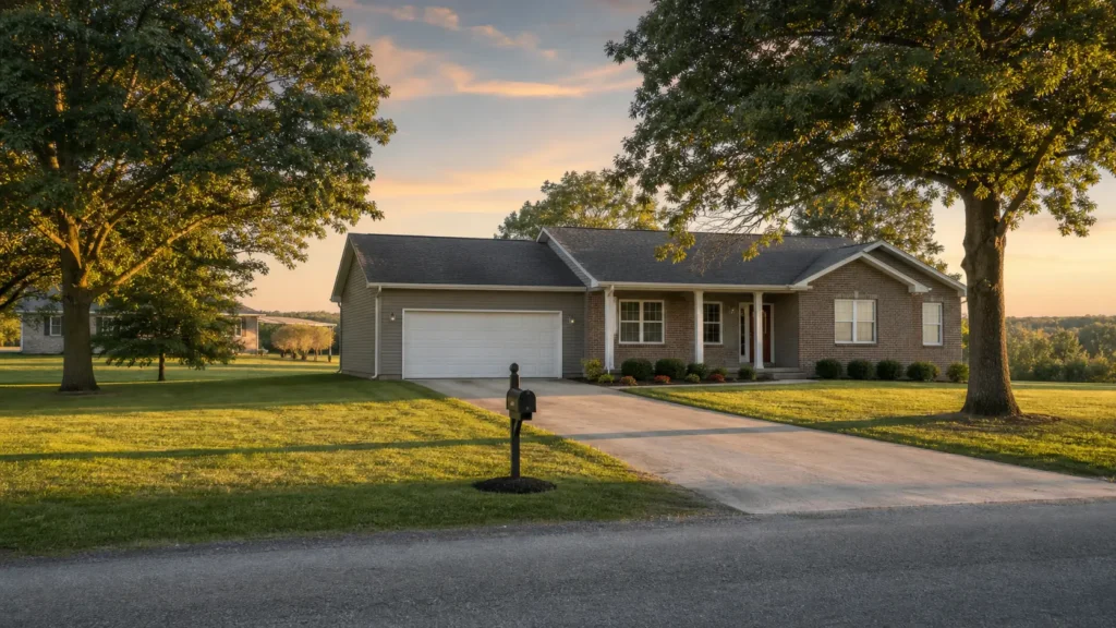 A modest single-family ranch home with a brick-and-vinyl exterior on a tree-lined residential lot in a USDA-eligible Ohio neighborhood at golden hour.
