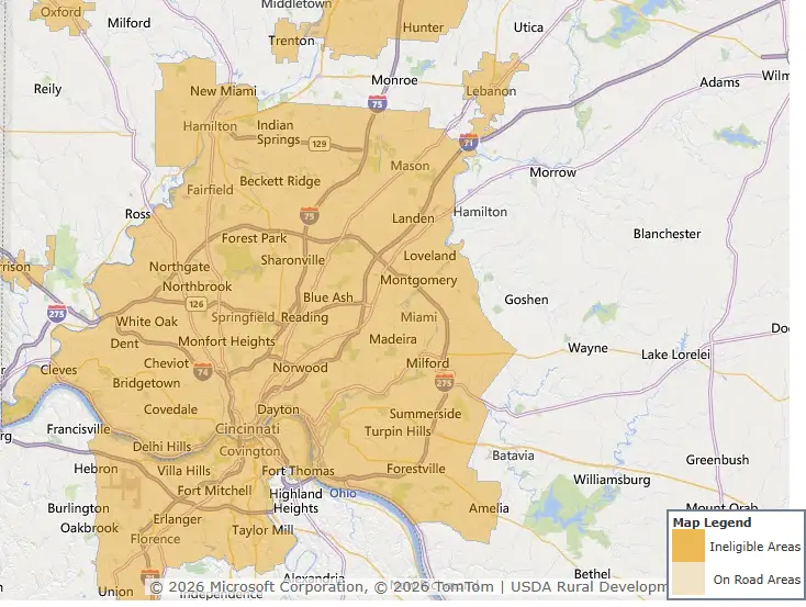 USDA eligibility map showing Maineville, Morrow, and Goshen Ohio within the eligible rural area boundary near Cincinnati