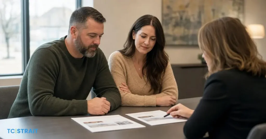 va-vs-conventional-ohio-featured Three people reviewing two unbranded mortgage documents at a table in a Dayton-area Ohio office.