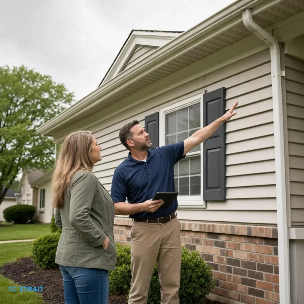 va-vs-conventional-ohio-property An Ohio homebuyer and home inspector reviewing the exterior of a residential property in Beavercreek during a purchase inspection.