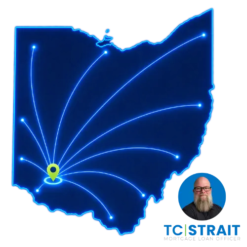 ohio-statewide-mortgage-service-tc-strait Ohio map showing T.C. Strait serving mortgage borrowers statewide from Southwest Ohio